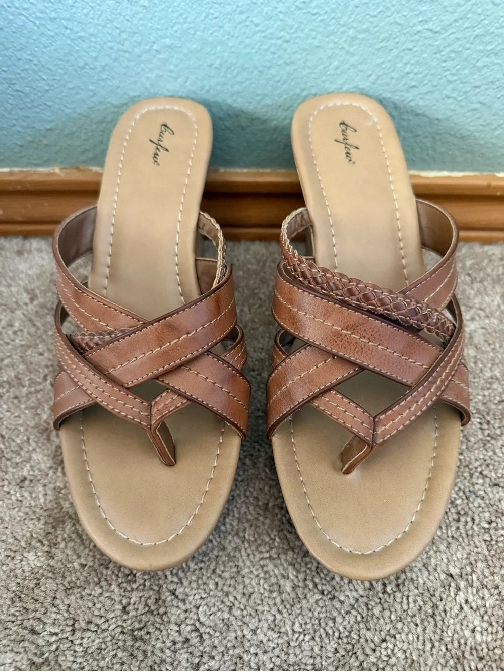 Women's Brown Wedge Sandals - Comfort Cross-Strap Slide